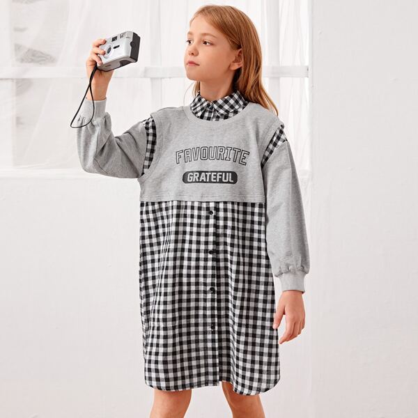 

Girls Plaid Letter Graphic 2 In 1 Dress, Multicolor