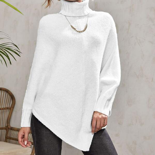 

Turtleneck Asymmetrical Hem Poncho Sweater, White