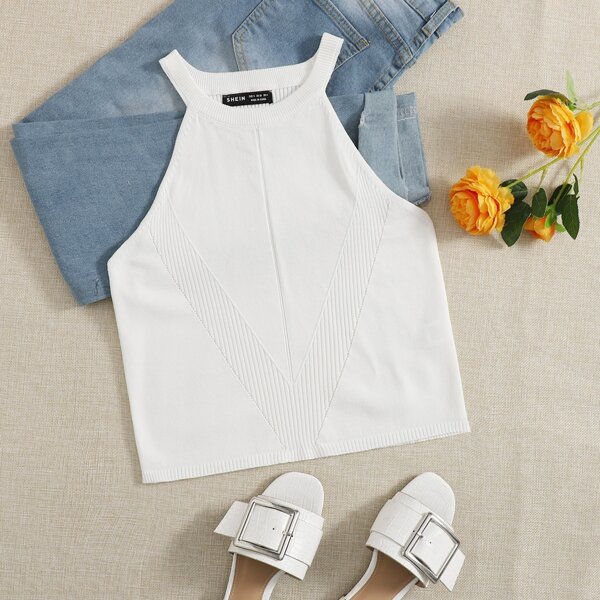 

Ribbed Knit Solid Halter Knit Top, White