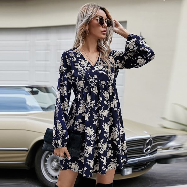 

V-neck Floral Print Bishop Sleeve Dress, Multicolor
