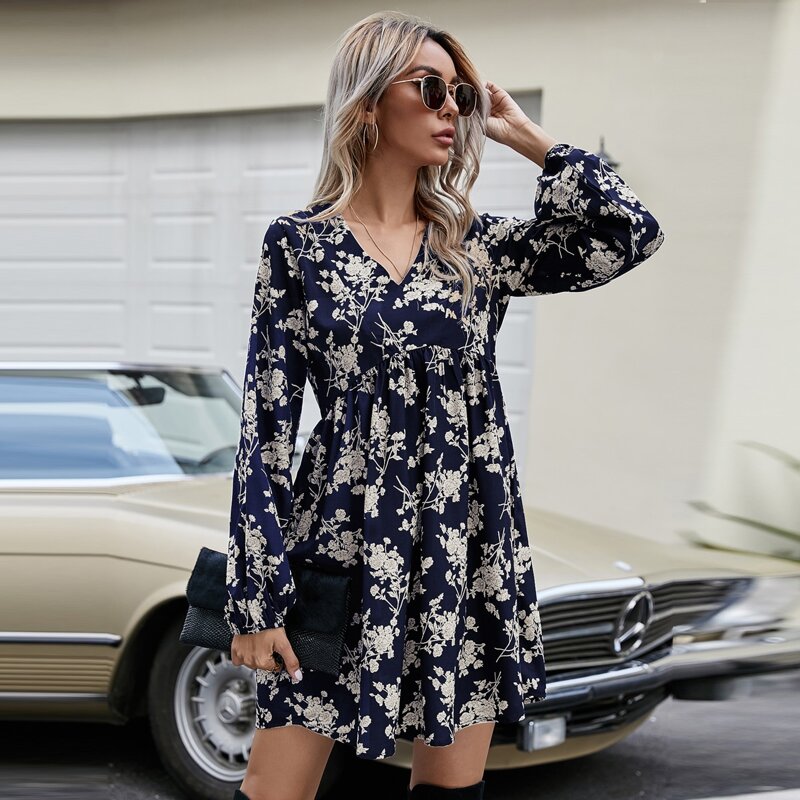 

V-neck Floral Print Bishop Sleeve Dress, Multicolor