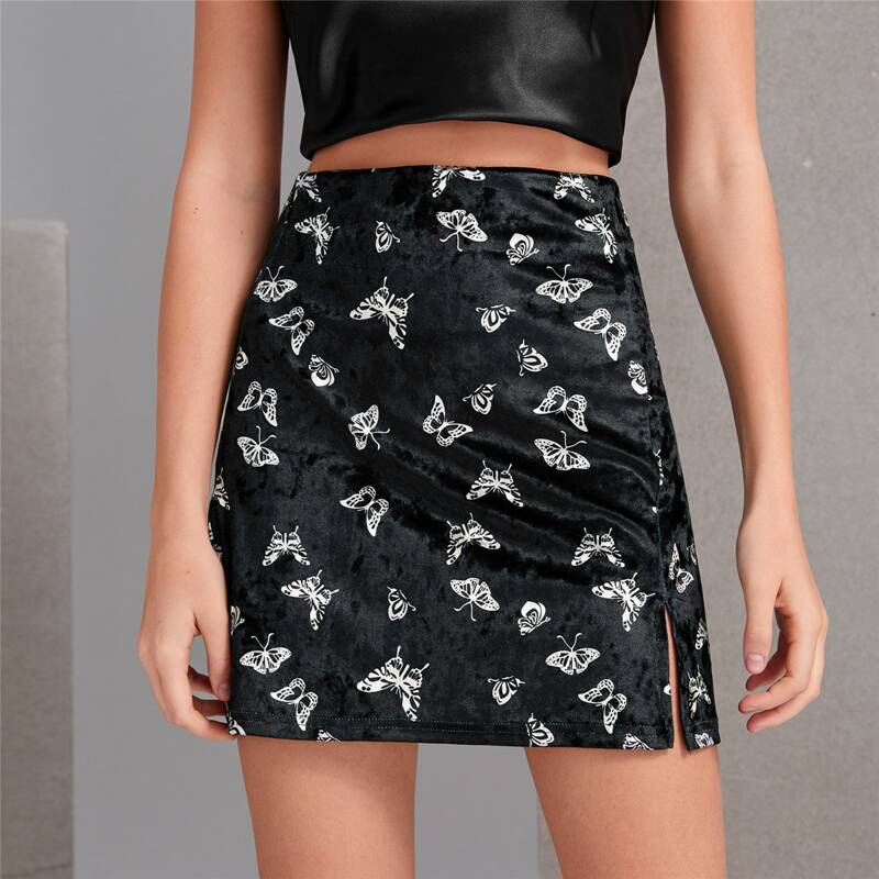 

Velvet Butterfly Graphic Split Skirt, Black