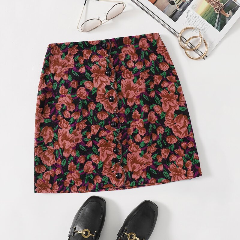 

Button Front Floral Cord Skirt, Multicolor