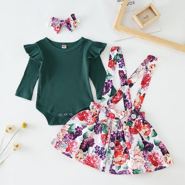 

Baby Girl Ribbed Ruffle Trim Bodysuit & Floral Pinafore Skirt, Multicolor