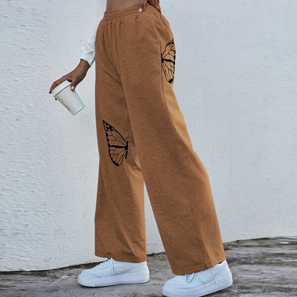 

Butterfly Print Elastic Waist Sweatpants, Brown