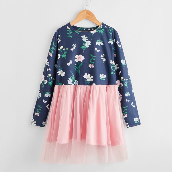 

Girls Floral Contrast Mesh Combo Dress, Multicolor