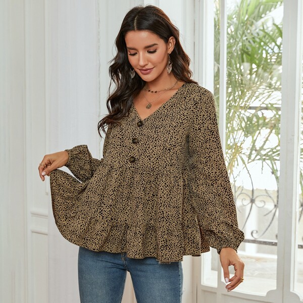 

Confetti Print Half Button Peplum Blouse, Mocha brown