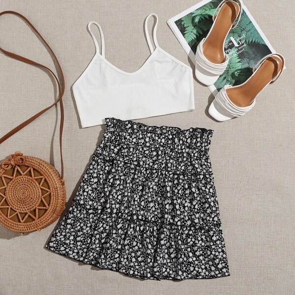 

Rib-knit Cami Top & Ditsy Floral Frill Skirt, Black and white