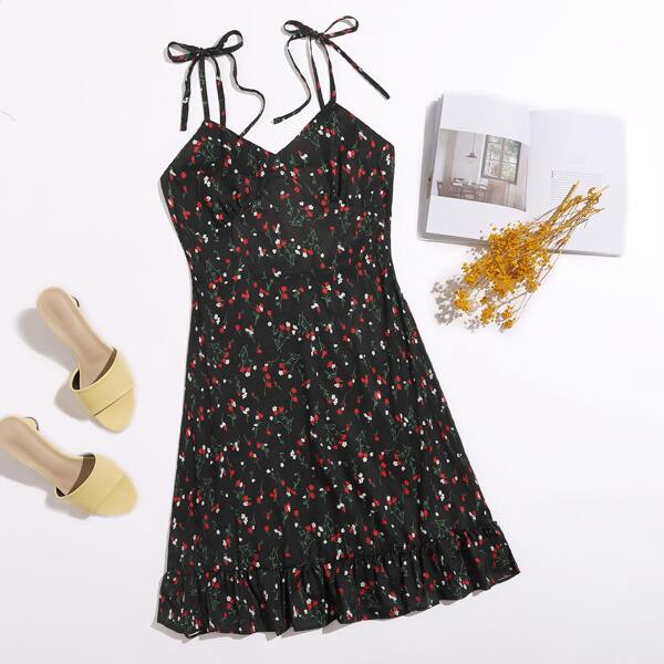 

Ditsy Floral Ruffle Hem Cami Dress, Black
