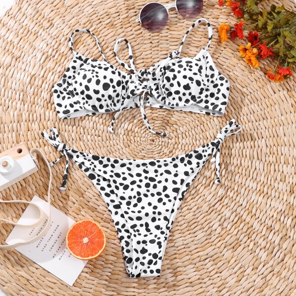

Dalmatian Underwire Tie Side Bikini Swimsuit, Black and white