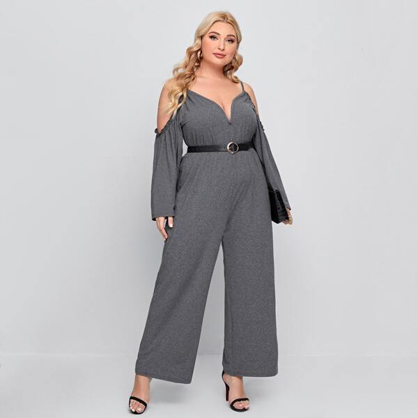 

Plus Cold Shoulder Frill Trim Jumpsuit Without Belt, Dark grey