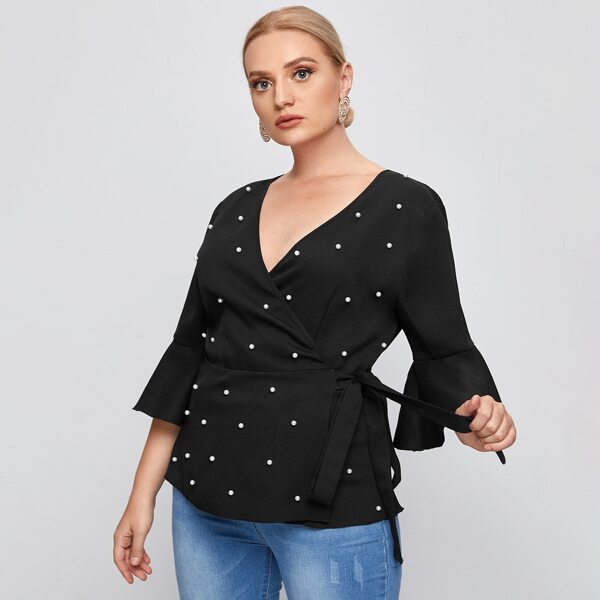 

Plus Pearls Detail Wrap Tie Side Blouse, Black