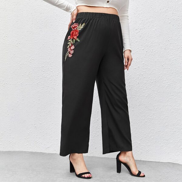 

Plus Floral Patched Wide Leg Pants, Black