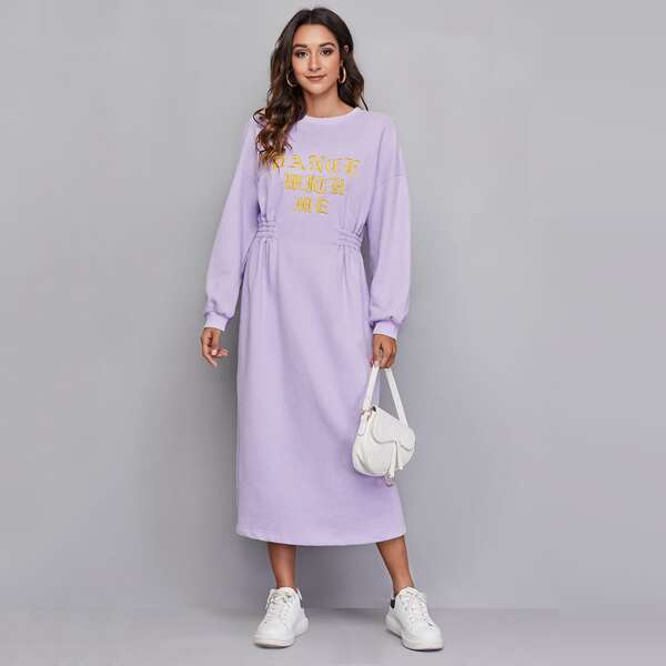 

Slogan Embroidered Drop Shoulder Sweatshirt Dress, Pastel lilac purple