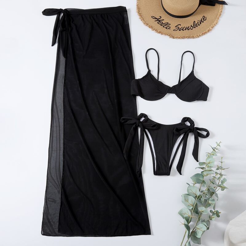 

3pack Underwire Bikini Swimsuit & Knot Waisted Cover Up, Black