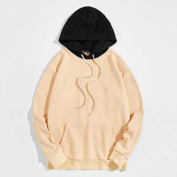 

Men Color Block Drawstring Hoodie, Khaki