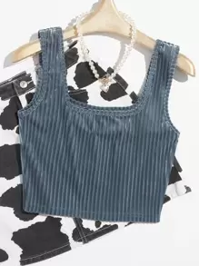 Muchica Solid Crop Velvet Tank Top - Dusty Blue - View 1