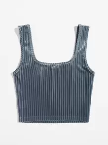 Muchica Solid Crop Velvet Tank Top - Dusty Blue - View 2