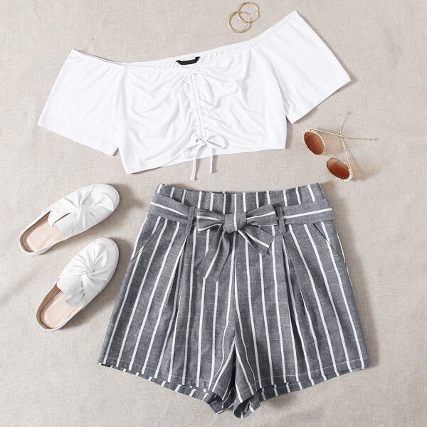 

Plus Off Shoulder Drawstring Ruched Top & Striped Belted Shorts Set, Multicolor