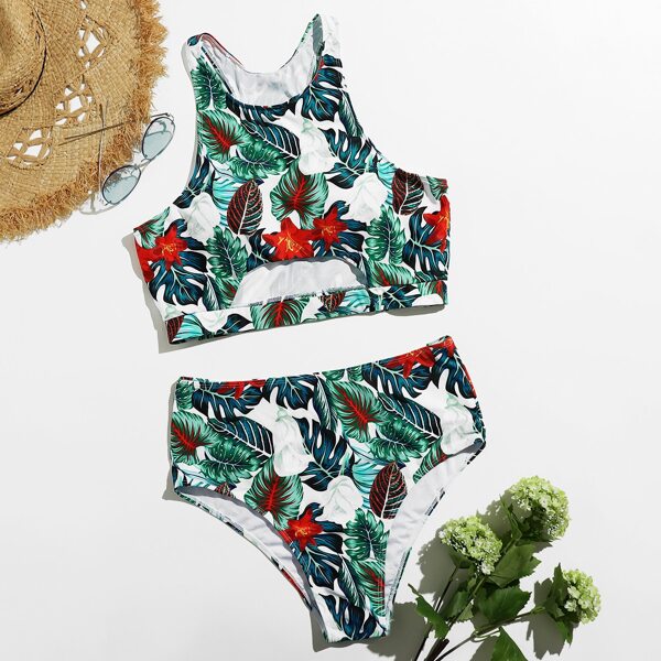 

Plus Tropical Cut-out High Waisted Bikini Swimsuit, Multicolor