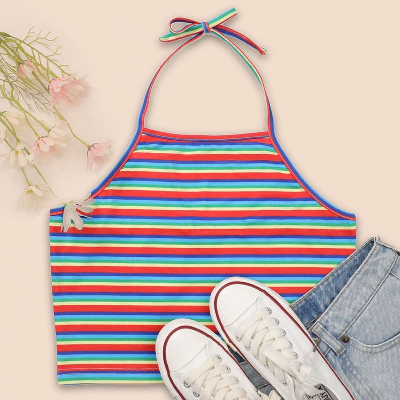 

Striped Tie Back Halter Top, Multicolor