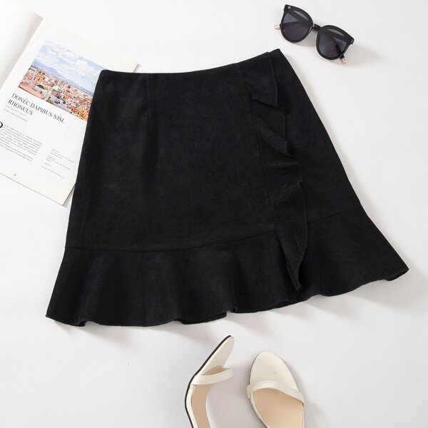 

Solid Ruffle Trim Corduroy Skirt, Black