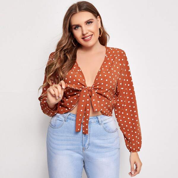 

Plus Polka Dot Tie Front Top, Orange