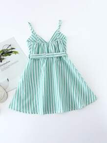 小女童條紋交叉自繫帶飘逸吊帶連衣裙 - 薄荷綠 - 查看 2