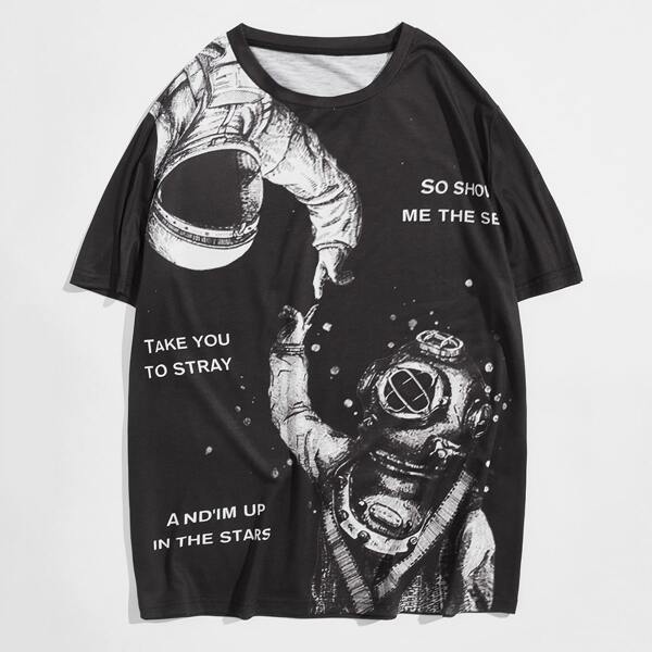 

Men Astronaut & Slogan Graphic Tee, Black