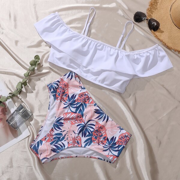 

Plus Tropical Flounce High Waisted Bikini Swimsuit, Multicolor