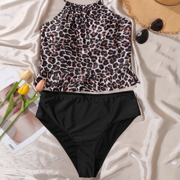 

Plus Leopard Halter Bikini Swimsuit, Multicolor