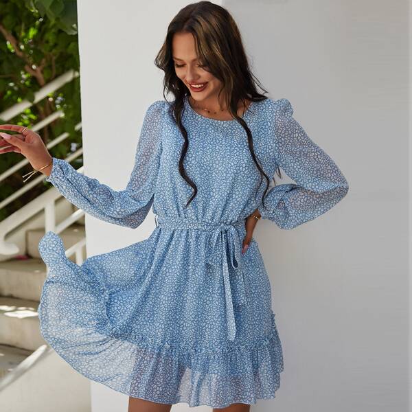 

Allover Print Flounce Hem Belted Dress, Baby blue