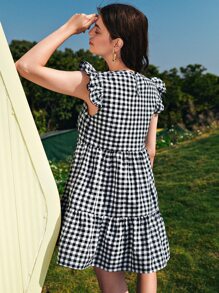SHEIN Ruffle Armhole Tiered Hem Gingham Dress - Black and White - View 2