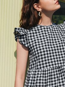SHEIN Ruffle Armhole Tiered Hem Gingham Dress - Black and White - View 3