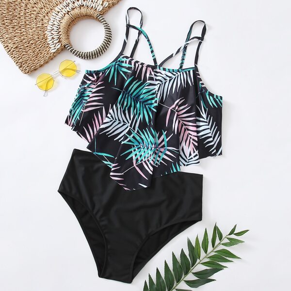 

Plus Leaf Print Hanky Hem Bikini Swimsuit, Multicolor