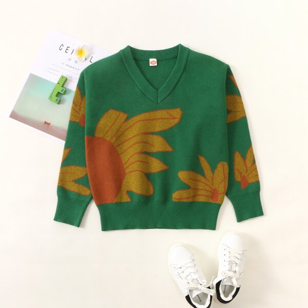 

Girls V-neck Floral Pattern Sweater, Green