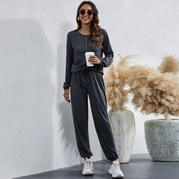 

Button Front Tee With Knot Pants, Dark grey