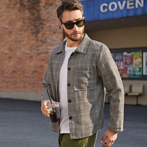 

Men Plaid Pocket Patched Button Front Jacket, Multicolor