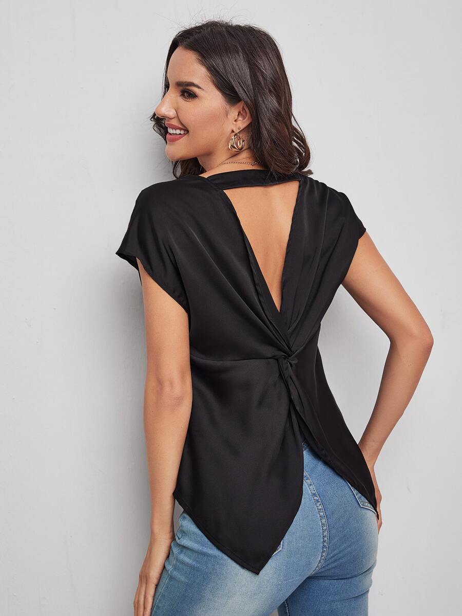 SHEIN Clasi Cut Out Twist Back Top - Black - View 1