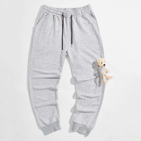 

Men Bear Patched Drawstring Sweatpants, Light grey