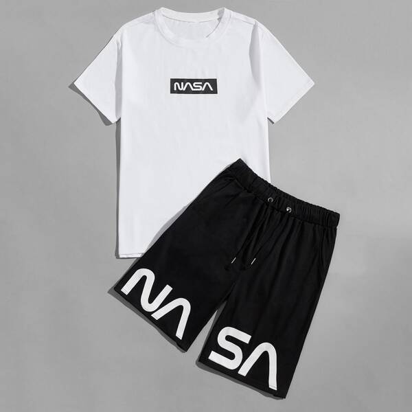

Men Letter Graphic Tee With Drawstring Track Shorts, Black and white