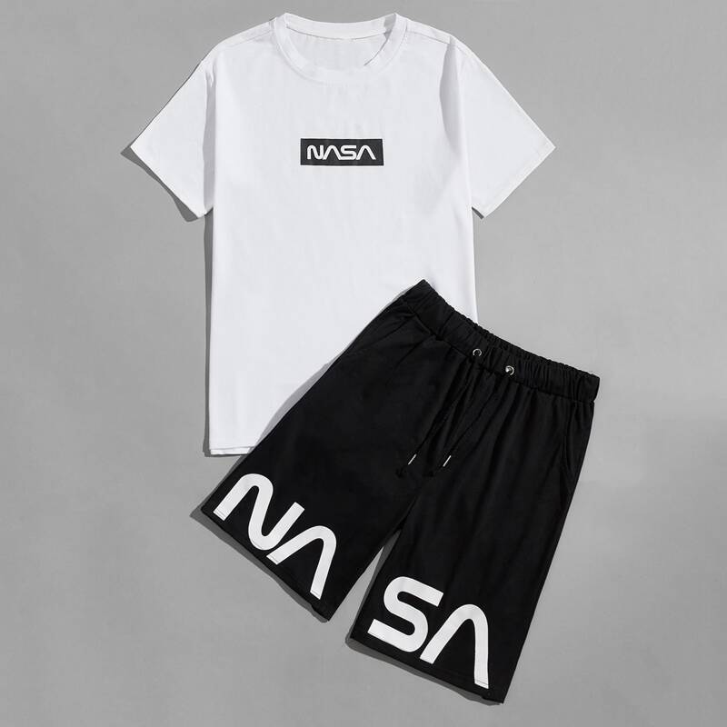 

Guys Letter Graphic Tee With Drawstring Track Shorts, Black and white