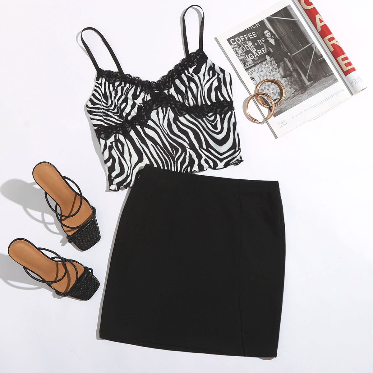

Lace Trim Zebra Striped Cami Top & Skirt Set, Black