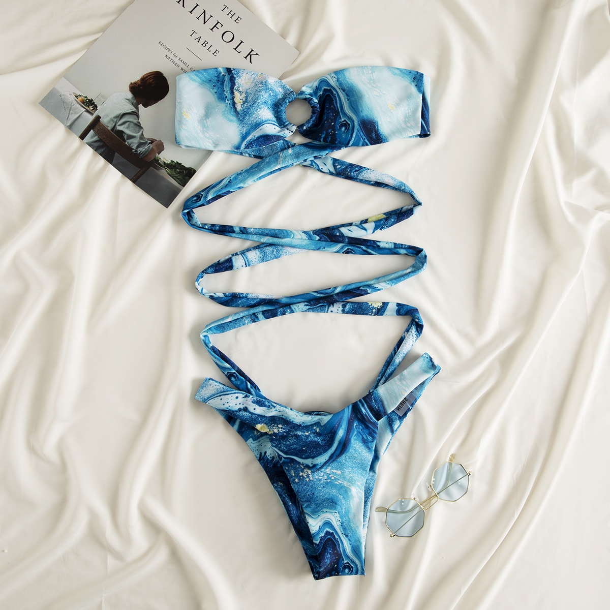 Image of Abstract Fluid Crisscross Bandeau Bikini Swimsuit
