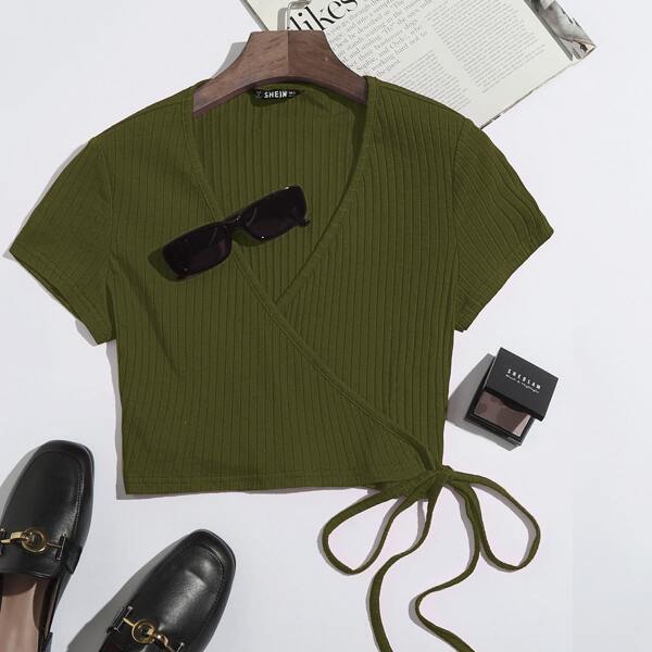 

Surplice Wrap Knit Side Rib-knit Crop Top, Army green