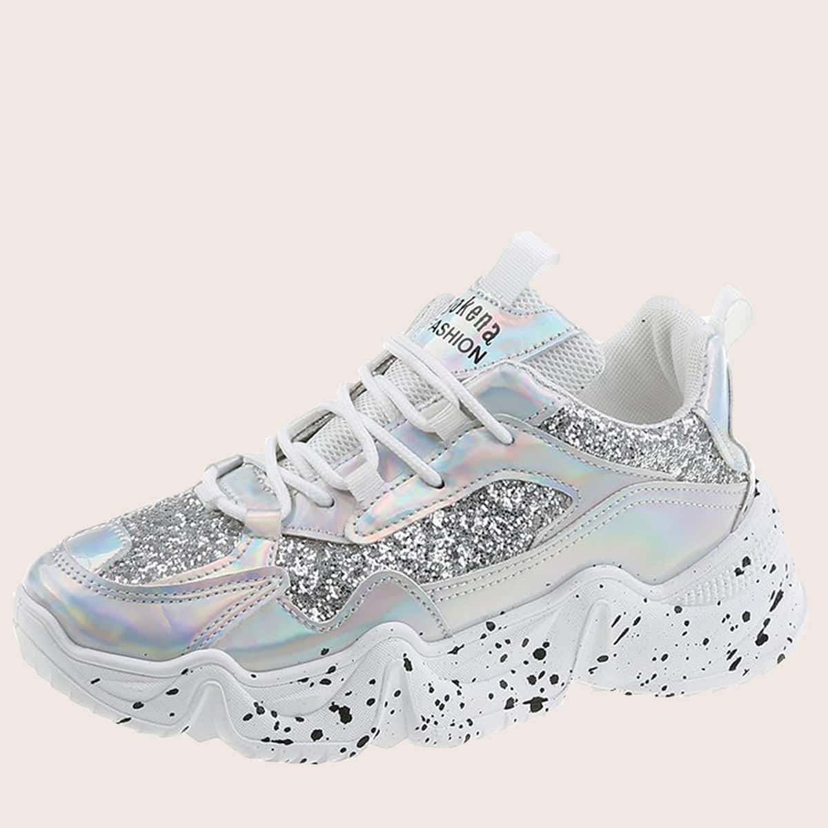 

Glitter Lace-up Chunky Sneakers, Silver