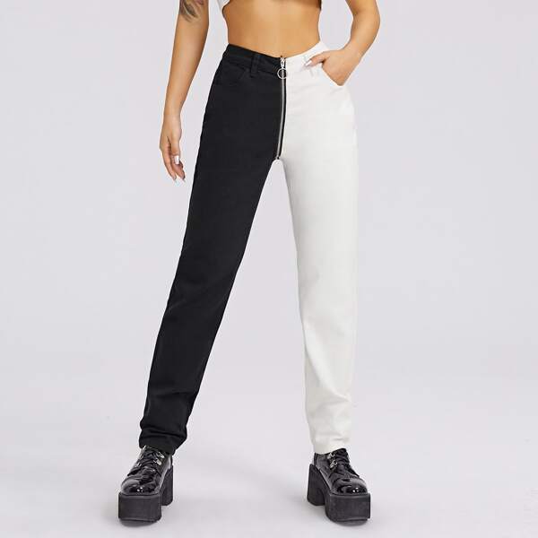 

Zip Fly Slant Pocket Two Tone Jeans, Black and white
