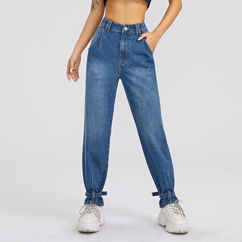 

Zipper Fly Belted Hem Jeans, Medium wash