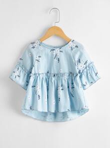 SHEIN 小女童印花褶邊襯衫 - 淺藍色 - 查看 1