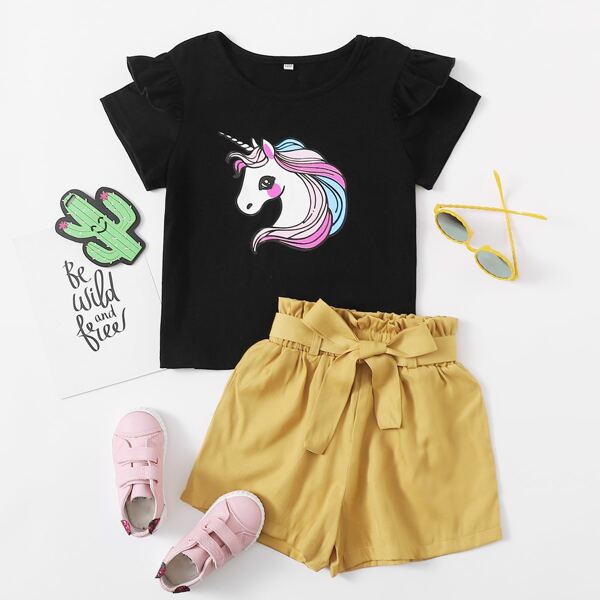 

Toddler Girls Cartoon Graphic Tee With Belted Shorts, Multicolor